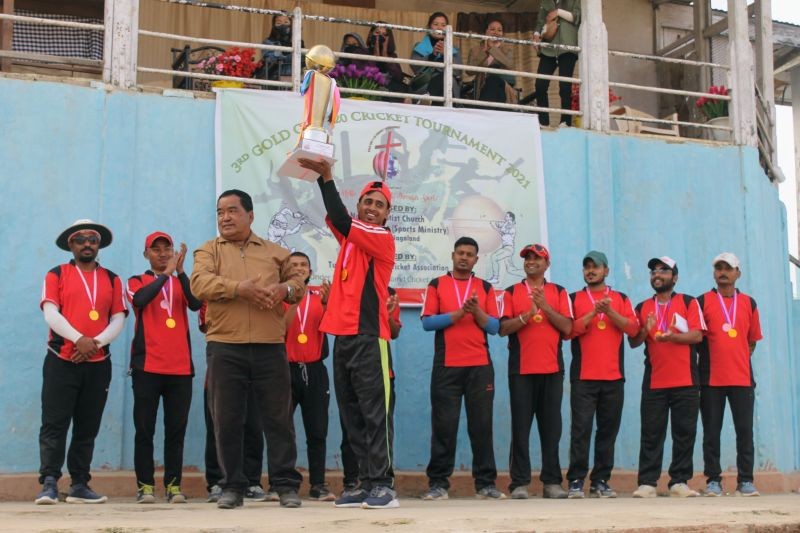 Champions Gold Star Cricket Club lifting the 3rd Gold Cup after defeating Tuensang Royals on January 8.